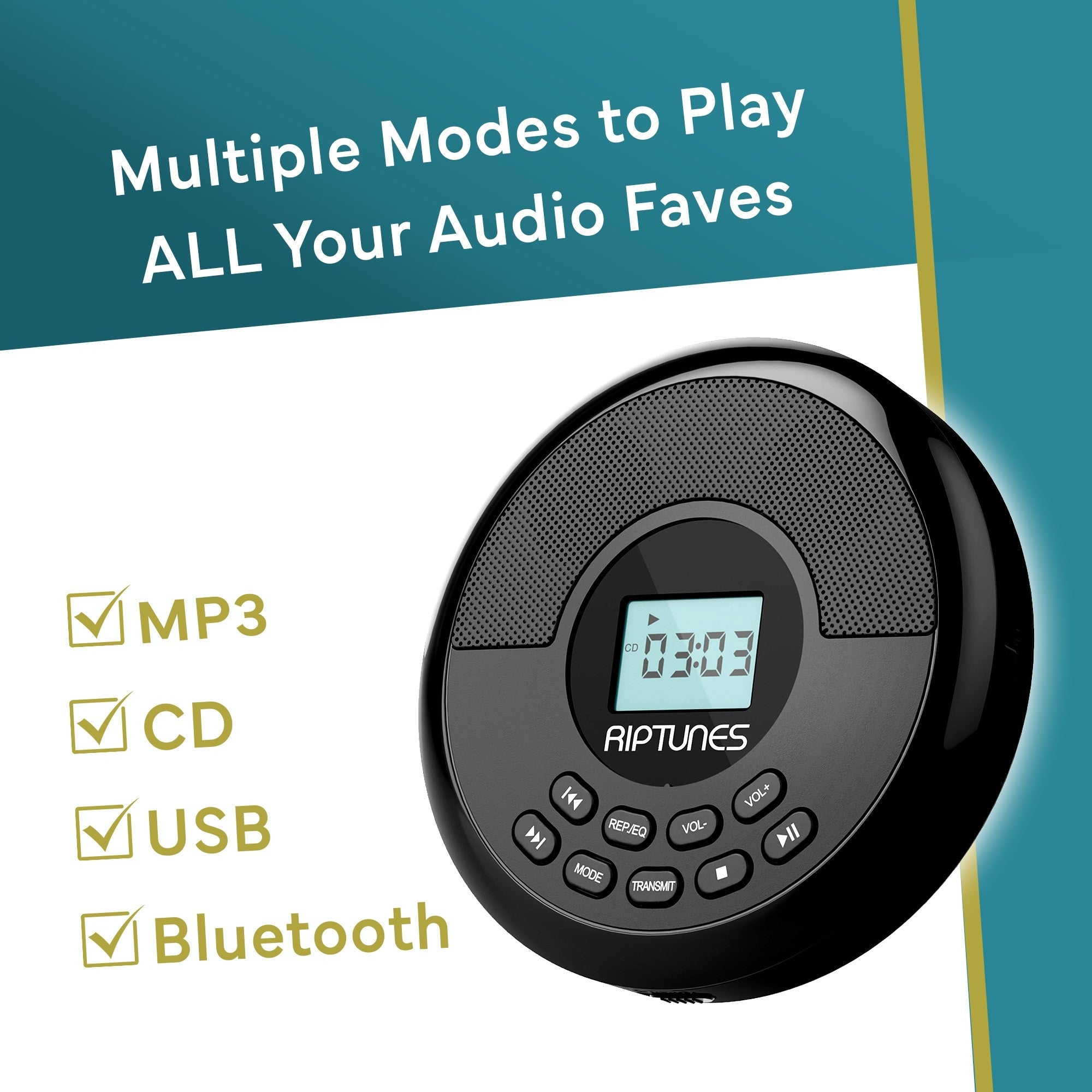 Riptunes Personal MP3 CD Player, with built in speakers, Bluetooth, USB